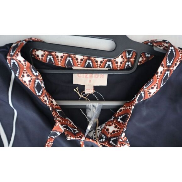 CIEBON Women's Sz M Black Multi Edda Pleated Tie Neck L/S Satin Mini Dress - Picture 3 of 9